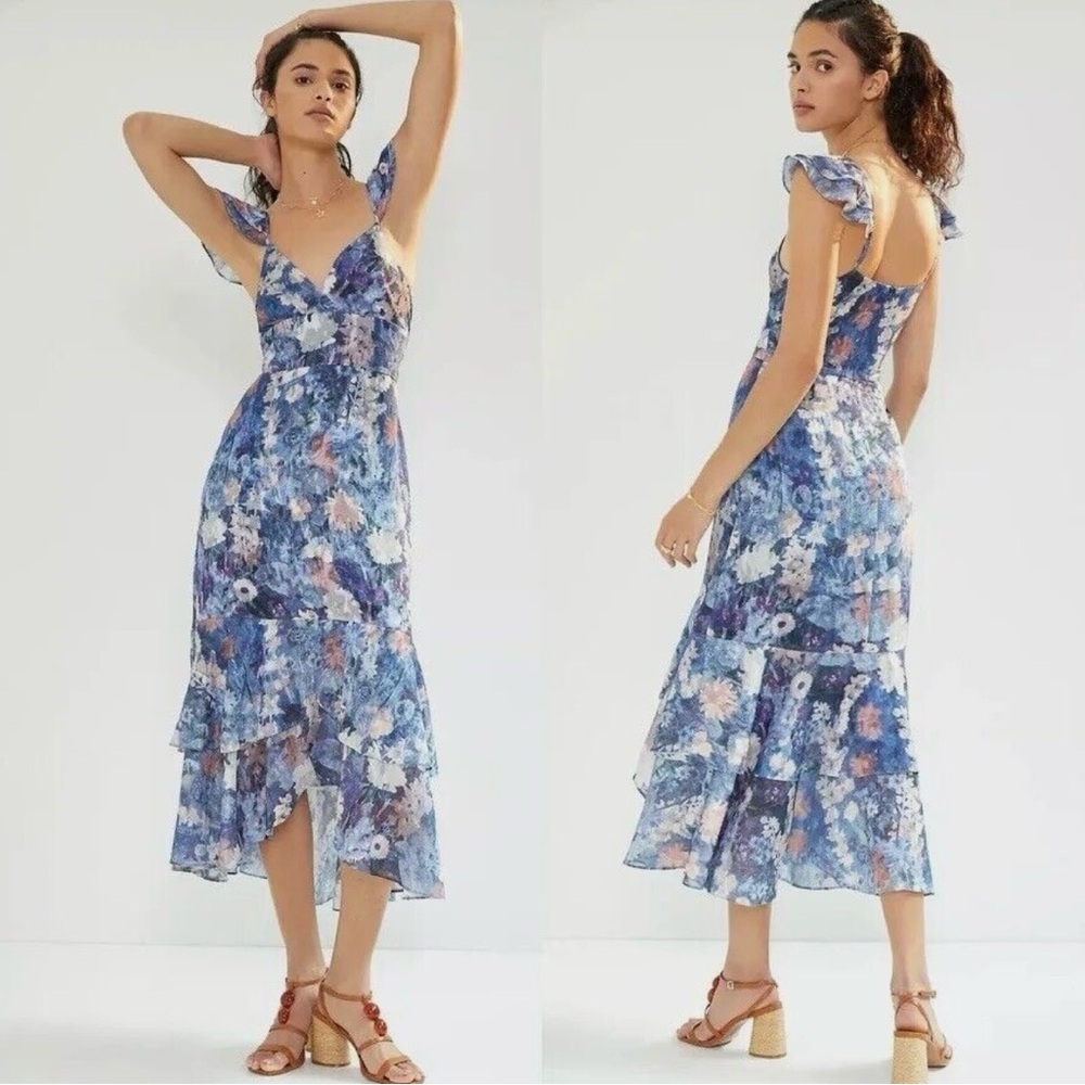 Anthropologie HUTCH Blue Floral Midi Dress Ruffled Sz 12 NWT